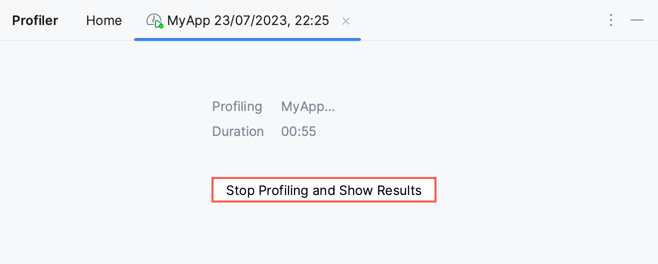 Stop Profiling and Show Results button in the Profiler tool window Stop Profiling and Show Results button in the Profiler tool window