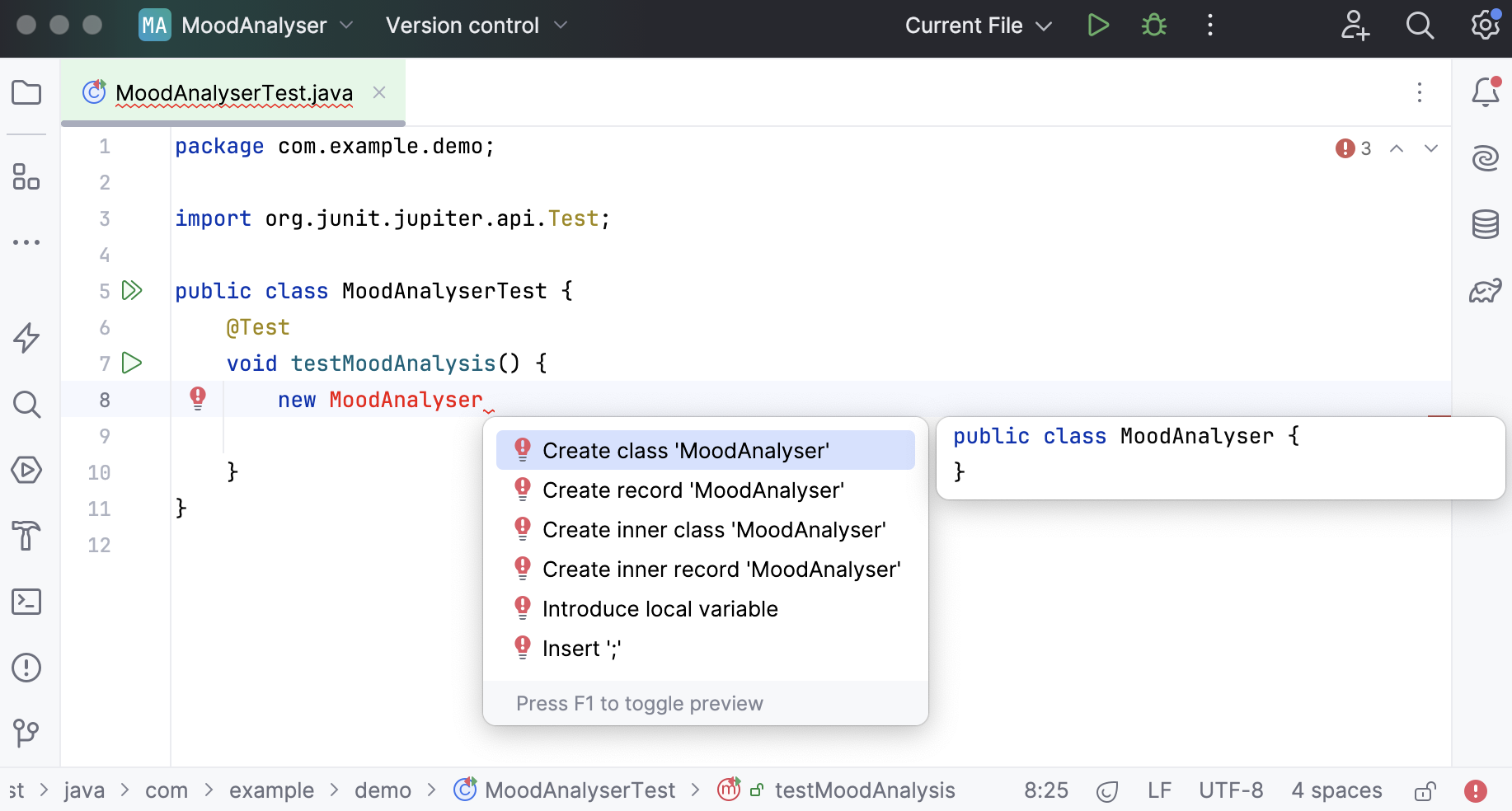 Creating a new class from the test Creating a new class from the test