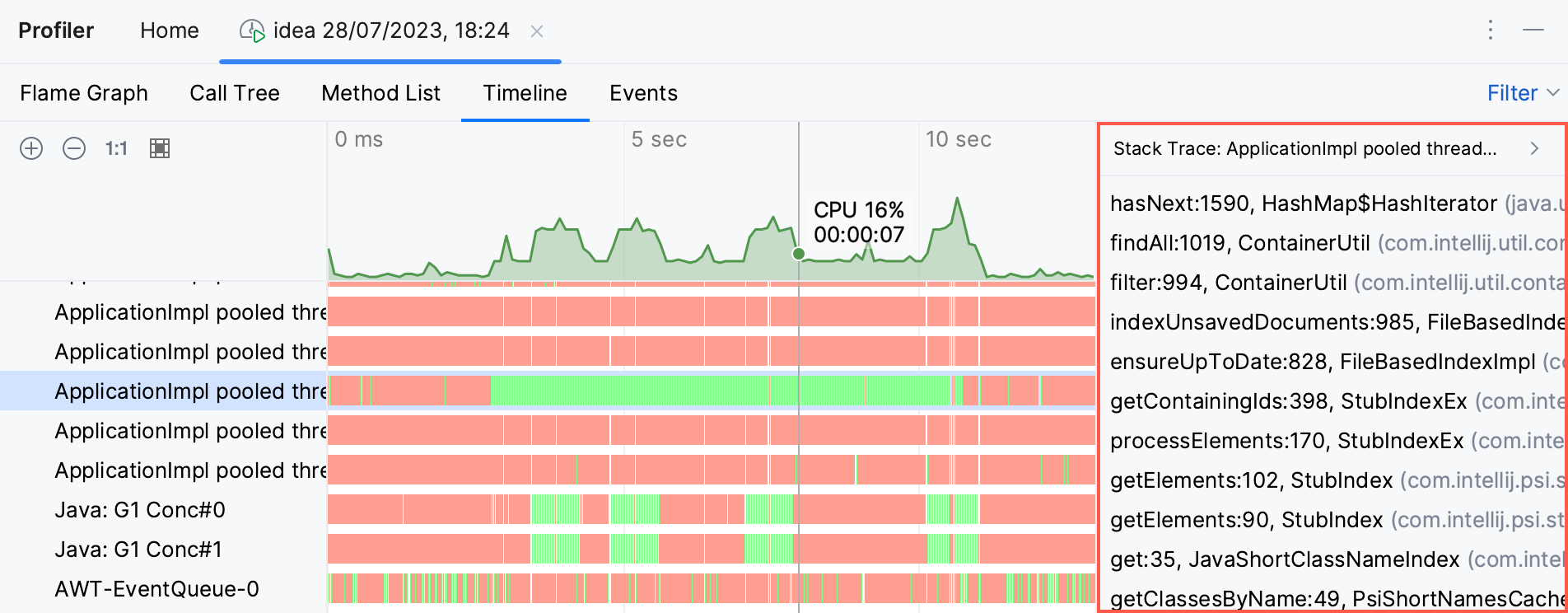 A panel opens showing the stack trace for the selected instant A panel opens showing the stack trace for the selected instant