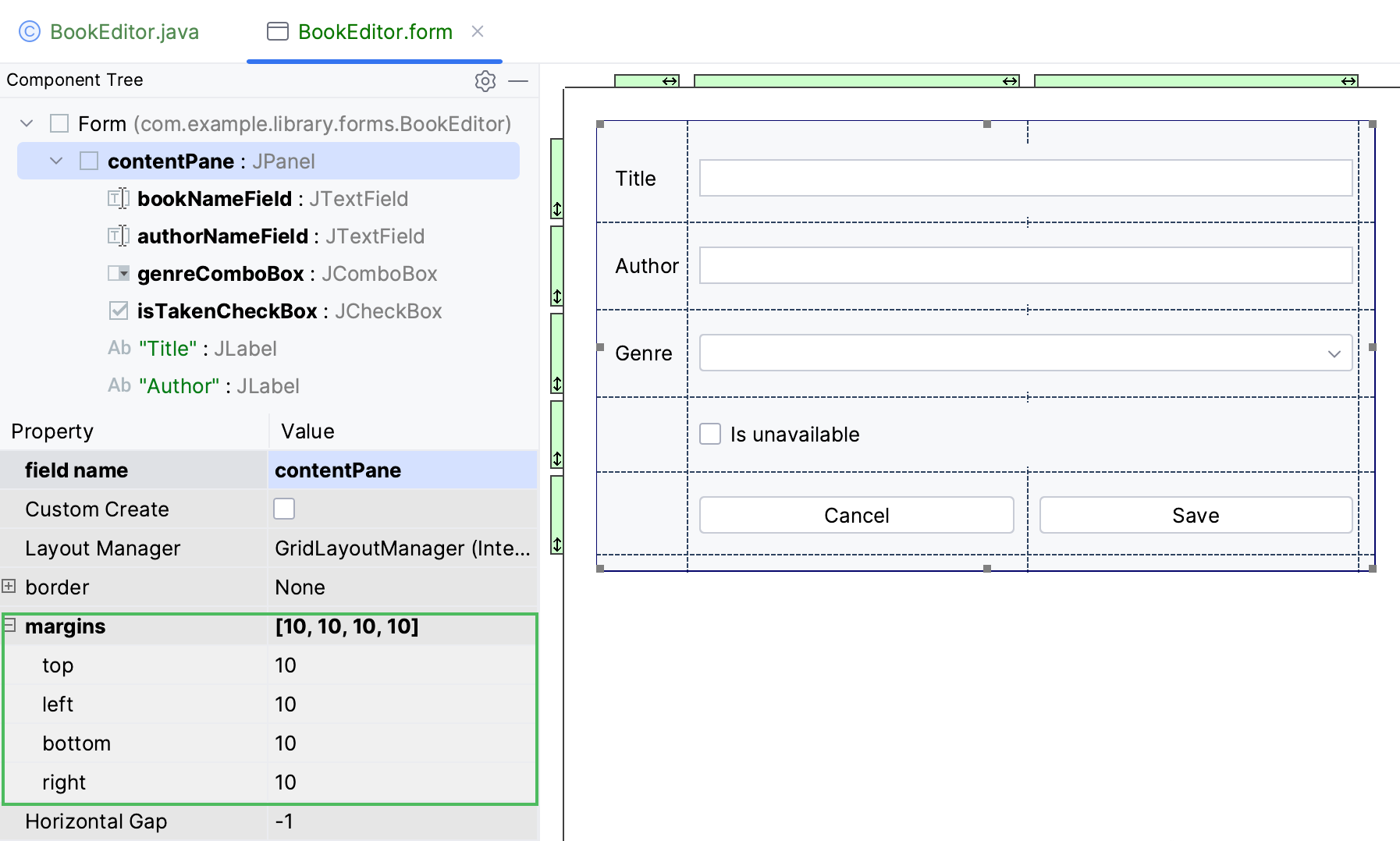 Configure the form margins Configure the form margins