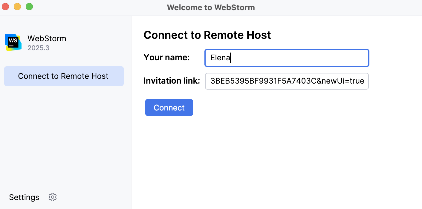 JetBrains Client welcome screen