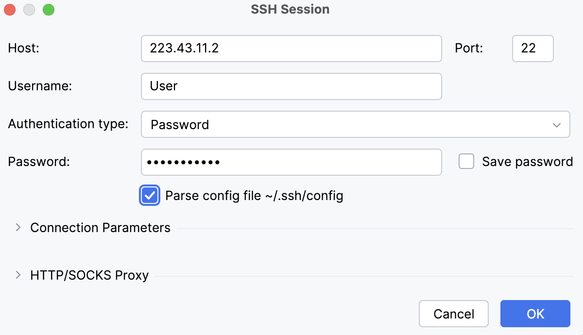 Providing data in the SSH Session dialog Providing data in the SSH Session dialog