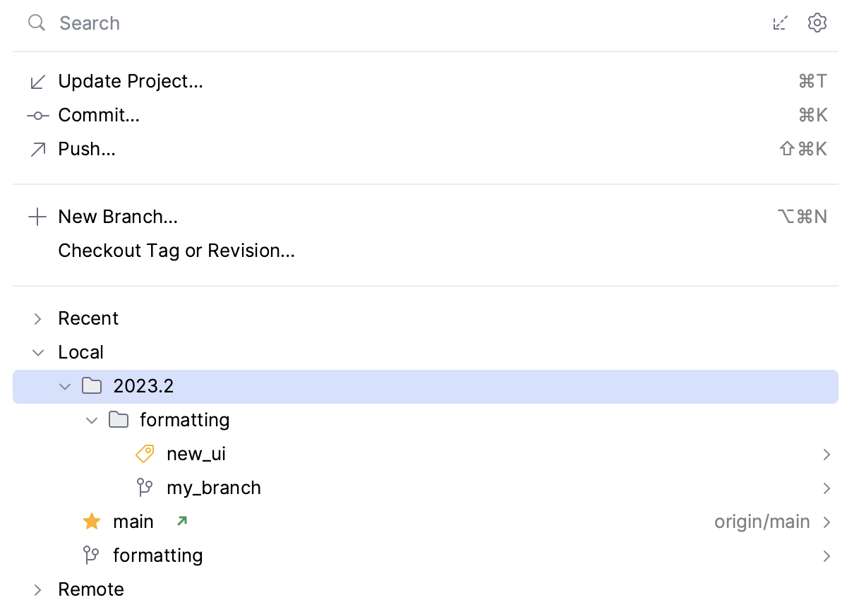 Branches grouped by prefix in the Branches popup Branches grouped by prefix in the Branches popup