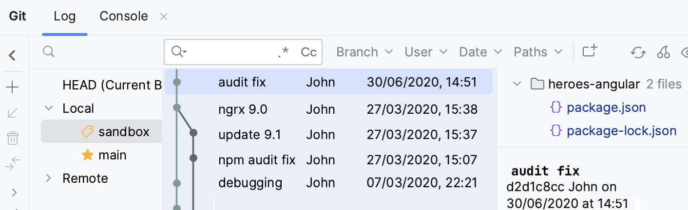Branches pane Branches pane