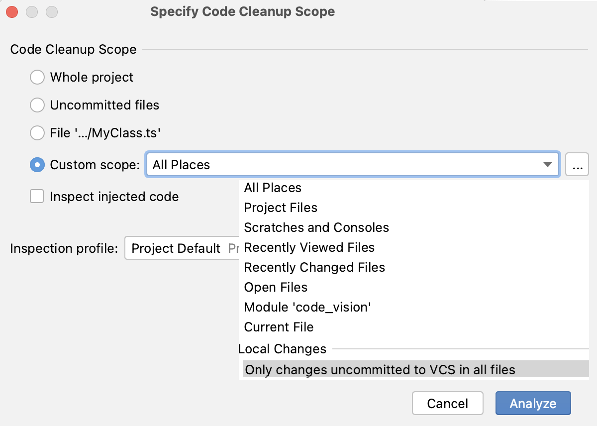 the Specify Code Cleanup Scope dialog the Specify Code Cleanup Scope dialog