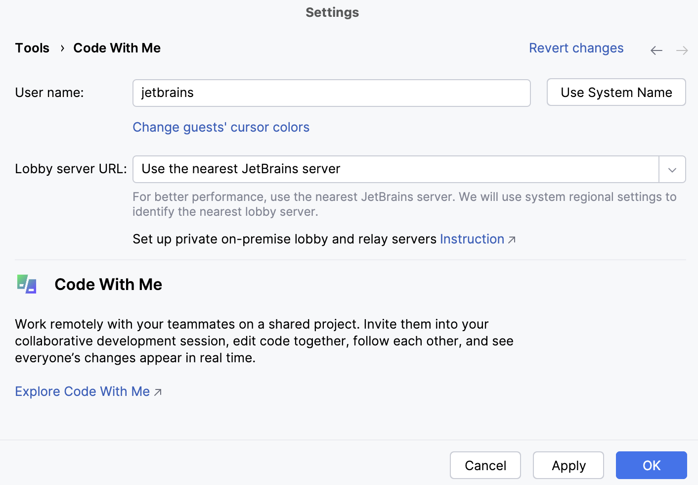 Code With Me settings Code With Me settings