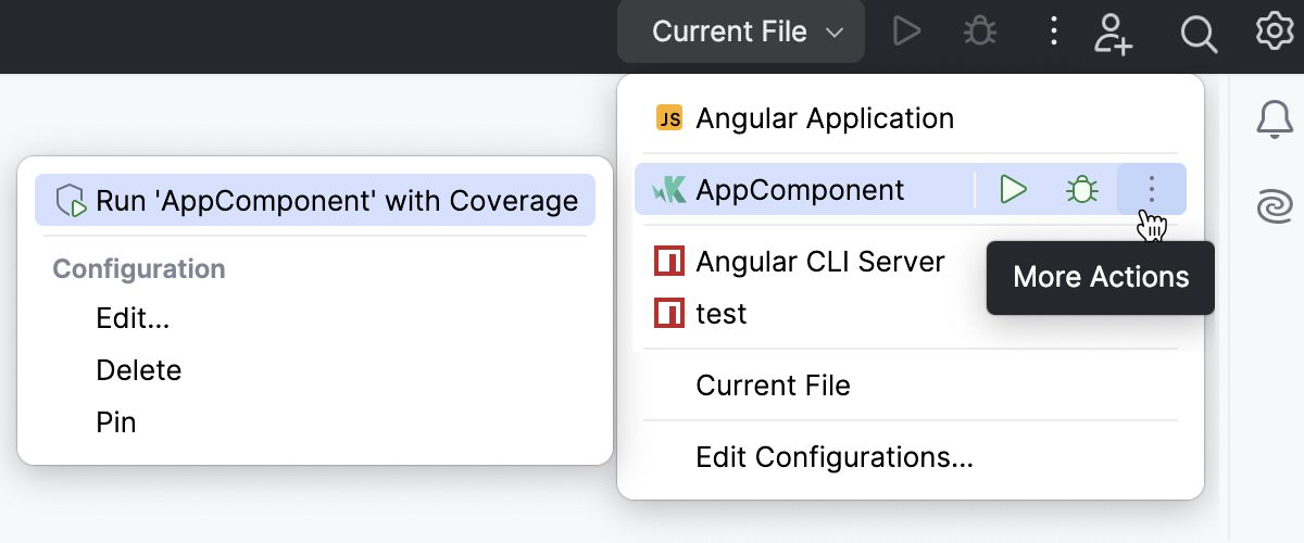Launch a test run/debug configuration with coverage Launch a test run/debug configuration with coverage