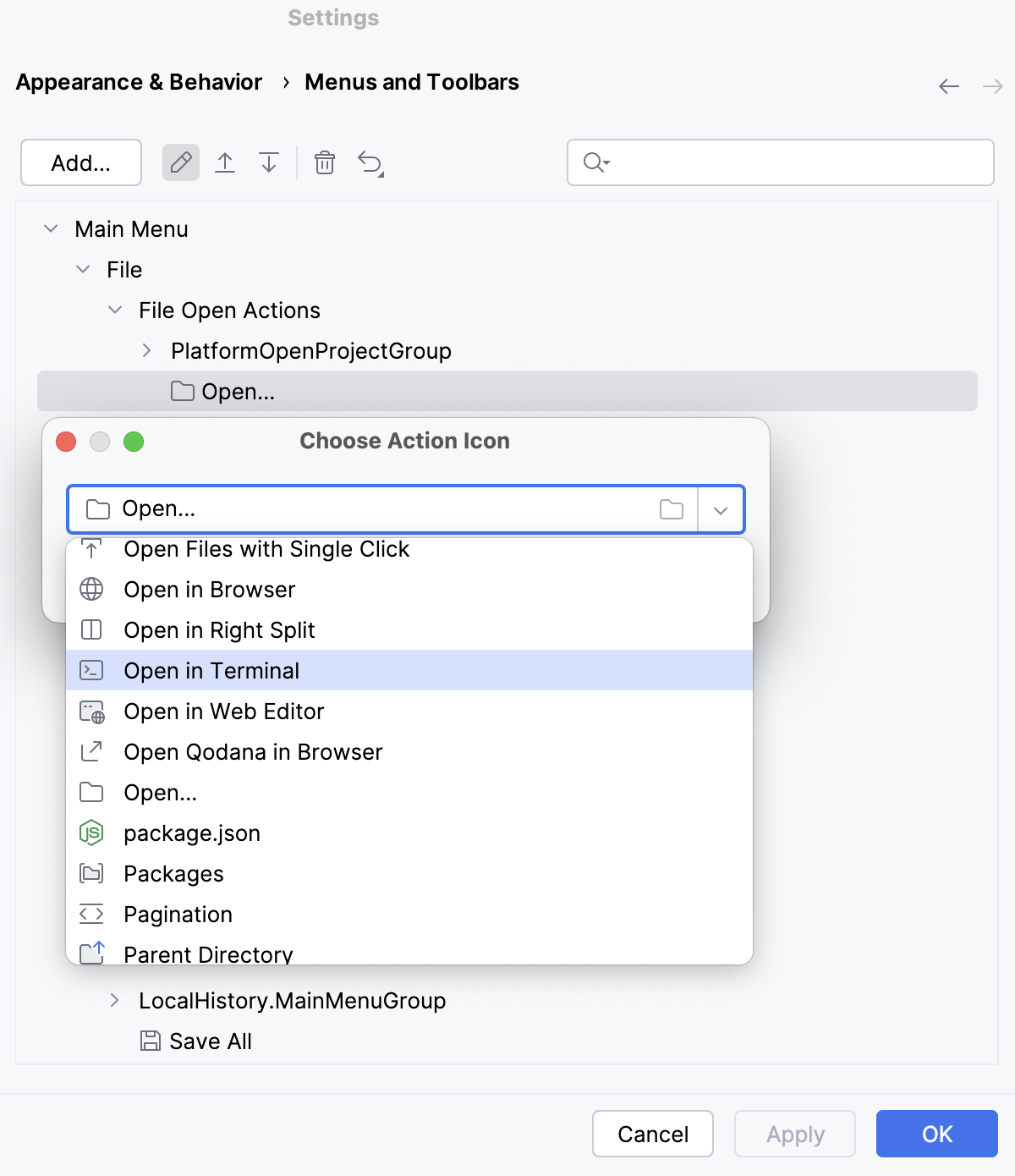Selecting icon from the list Selecting icon from the list