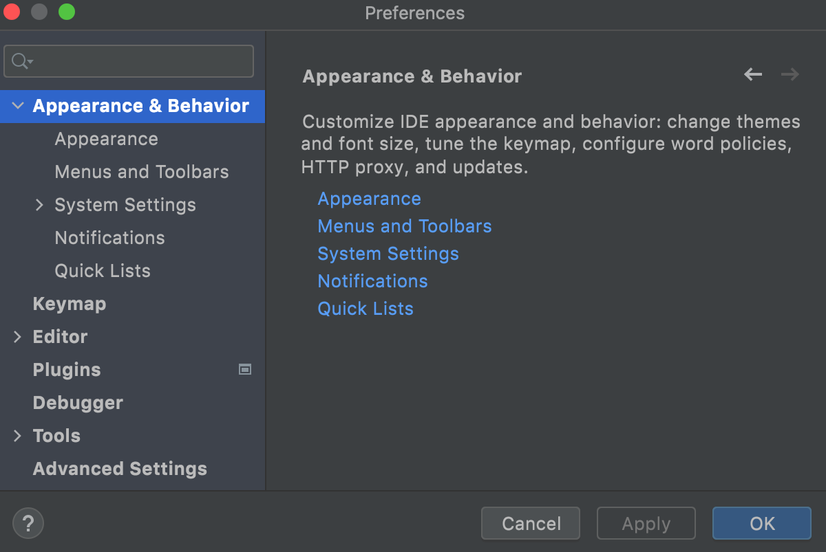 the Appearance and Behavior settings the Appearance and Behavior settings