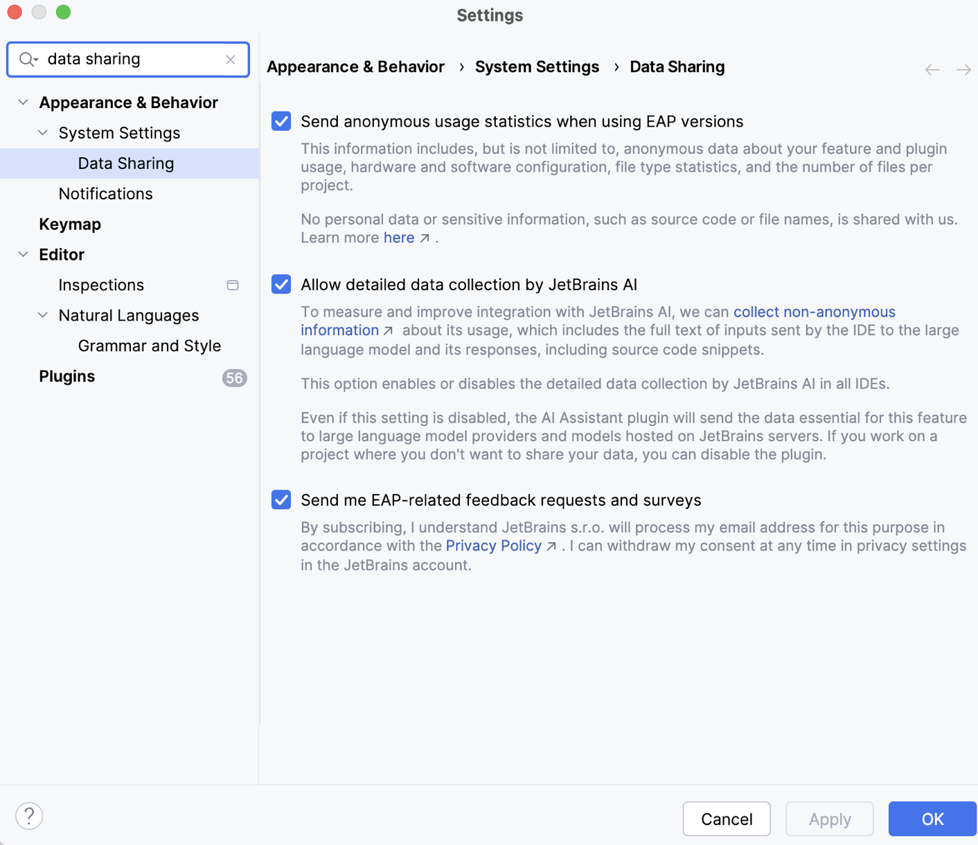 Data Sharing dialog in the EAP version Data Sharing dialog in the EAP version