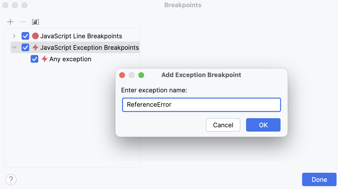 Add a ReferenceError exception breakpoint Add a ReferenceError exception breakpoint