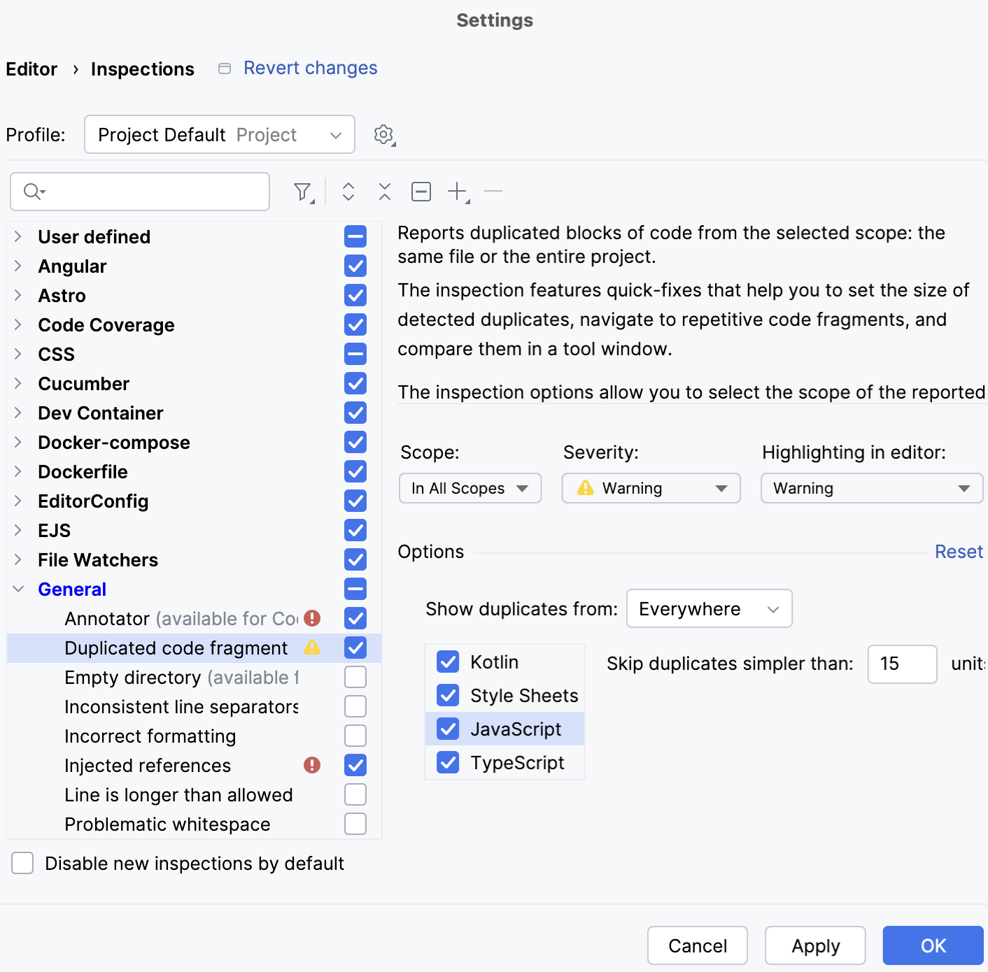 Duplicated Code Fragment inspection settings Duplicated Code Fragment inspection settings