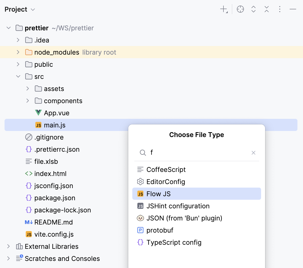 Changing the file type from the Project tool window Changing the file type from the Project tool window