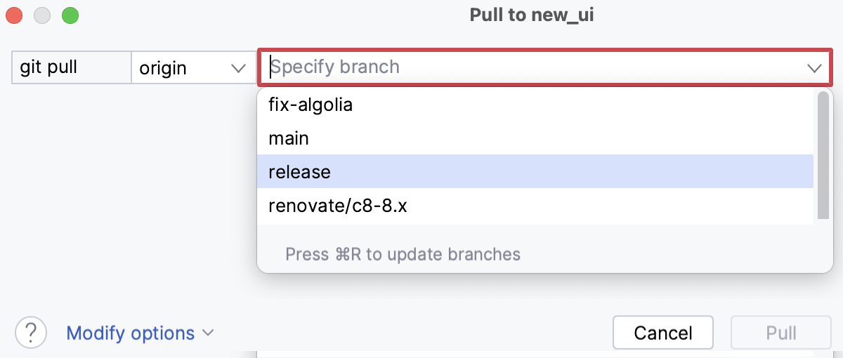 The Pull dialog The Pull dialog