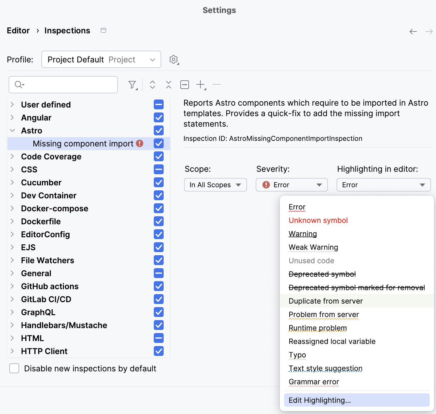 Selecting severity level for an inspection Selecting severity level for an inspection