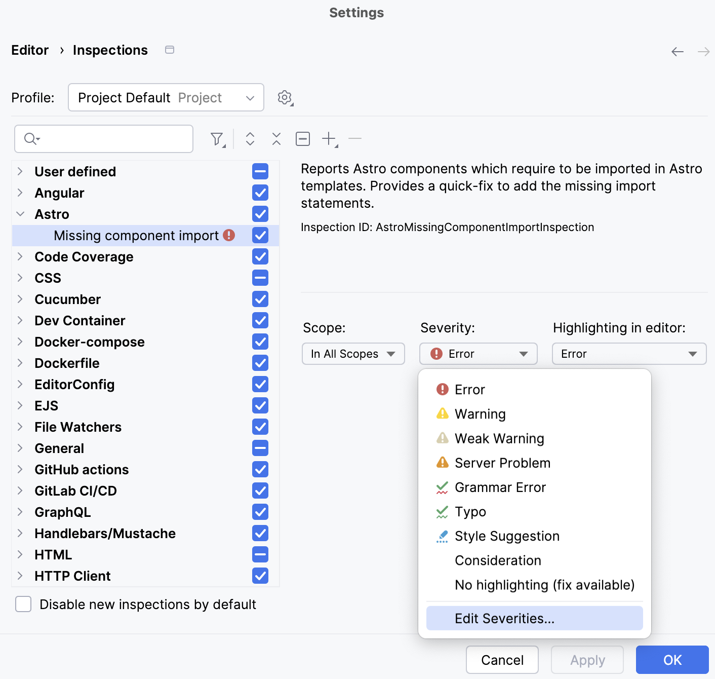 Selecting severity level for an inspection Selecting severity level for an inspection