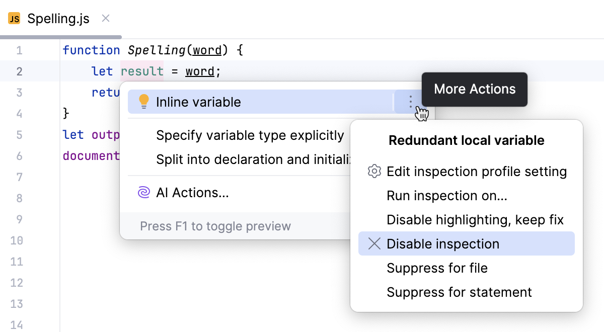 Disable an inspection in the editor Disable an inspection in the editor