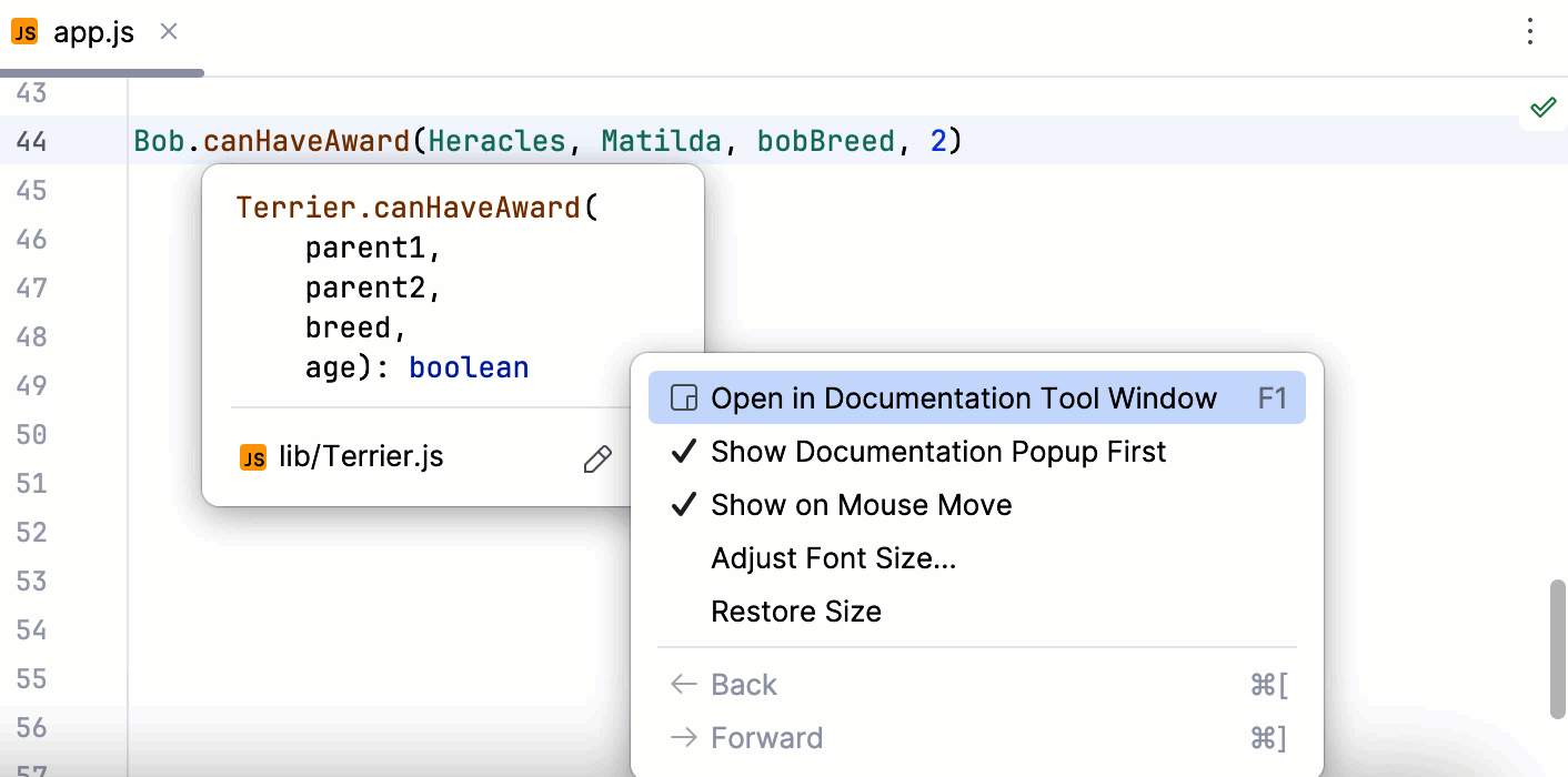 弹出窗口中的快速文档