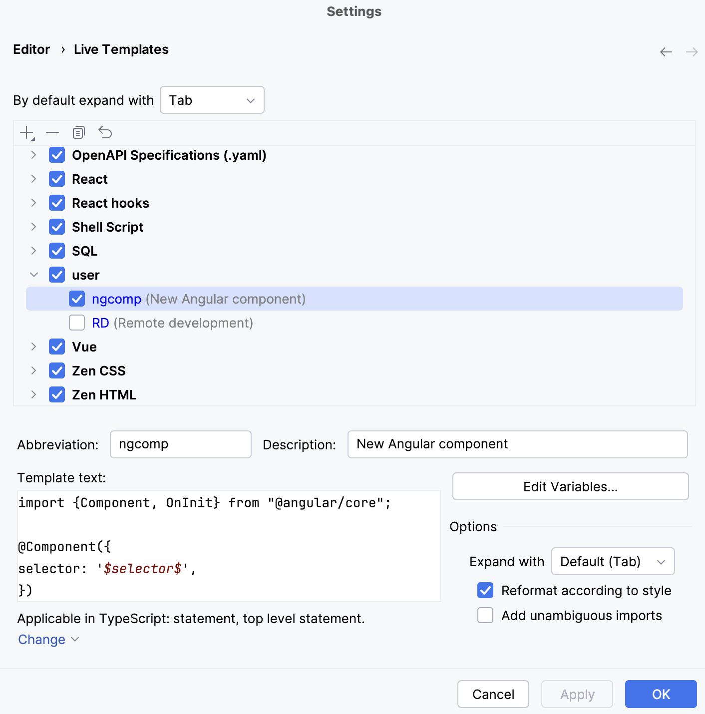 Live templates settings