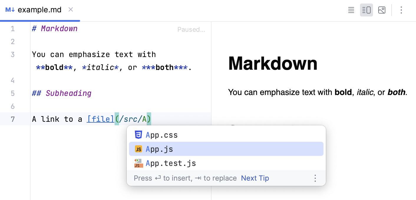 Markdown editor completion pop-up Markdown editor completion pop-up