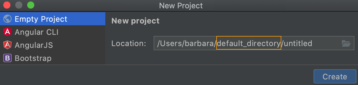 Creating a new project: the default location suggested Creating a new project: the default location suggested