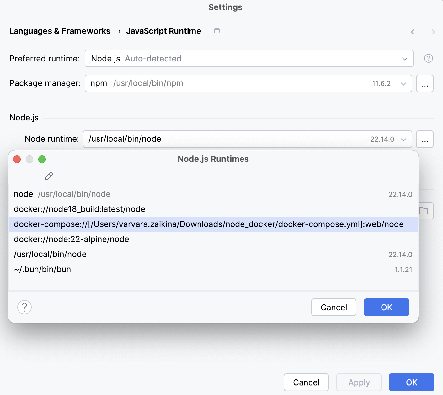 远程运行时对话框: Docker 中的新 Node.js 运行时已添加到列表中 远程运行时对话框: Docker 中的新 Node.js 运行时已添加到列表中