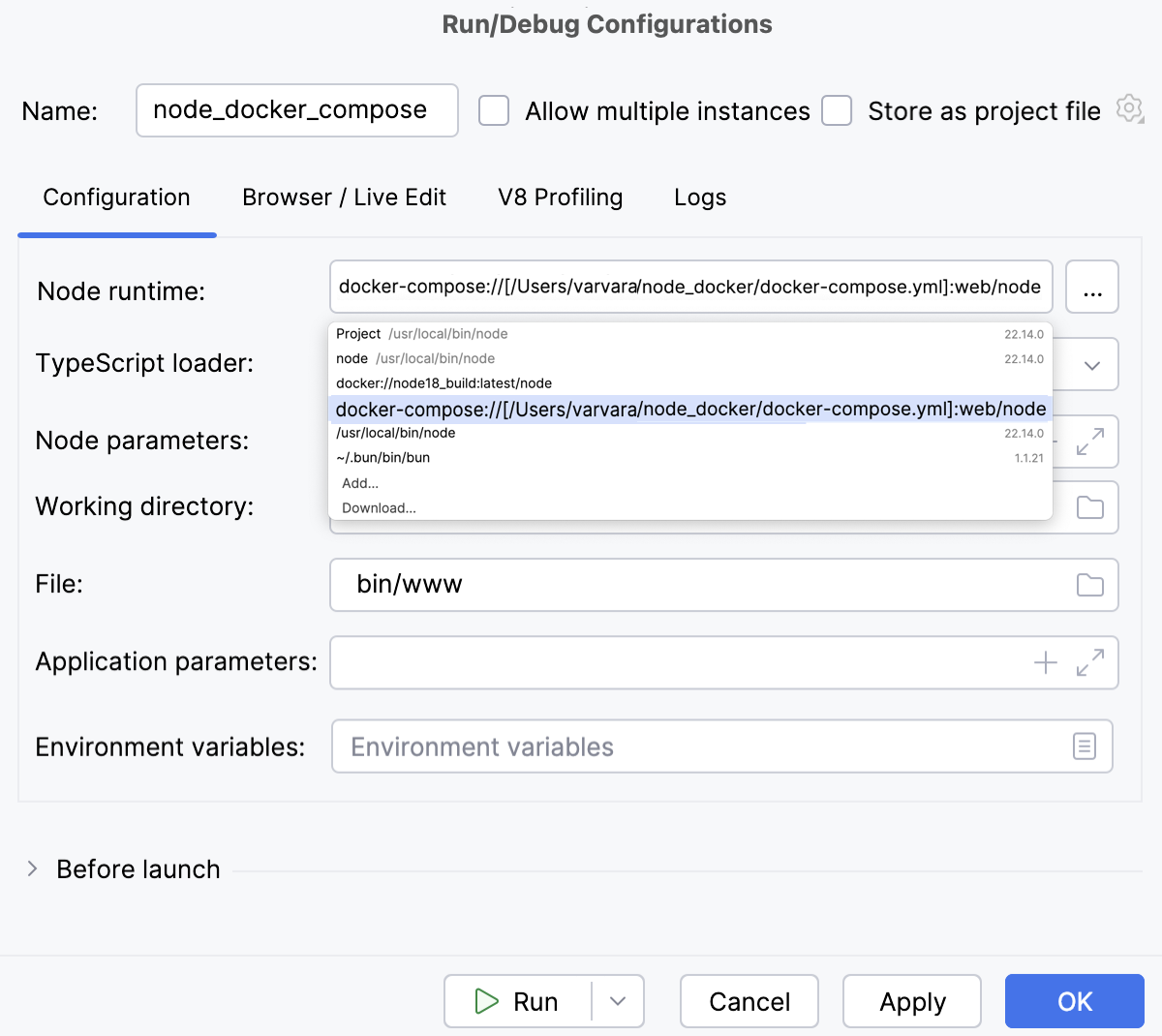 使用 Docker Compose 的 Node.js:运行/调试配置,选择解释器 使用 Docker Compose 的 Node.js:运行/调试配置,选择解释器