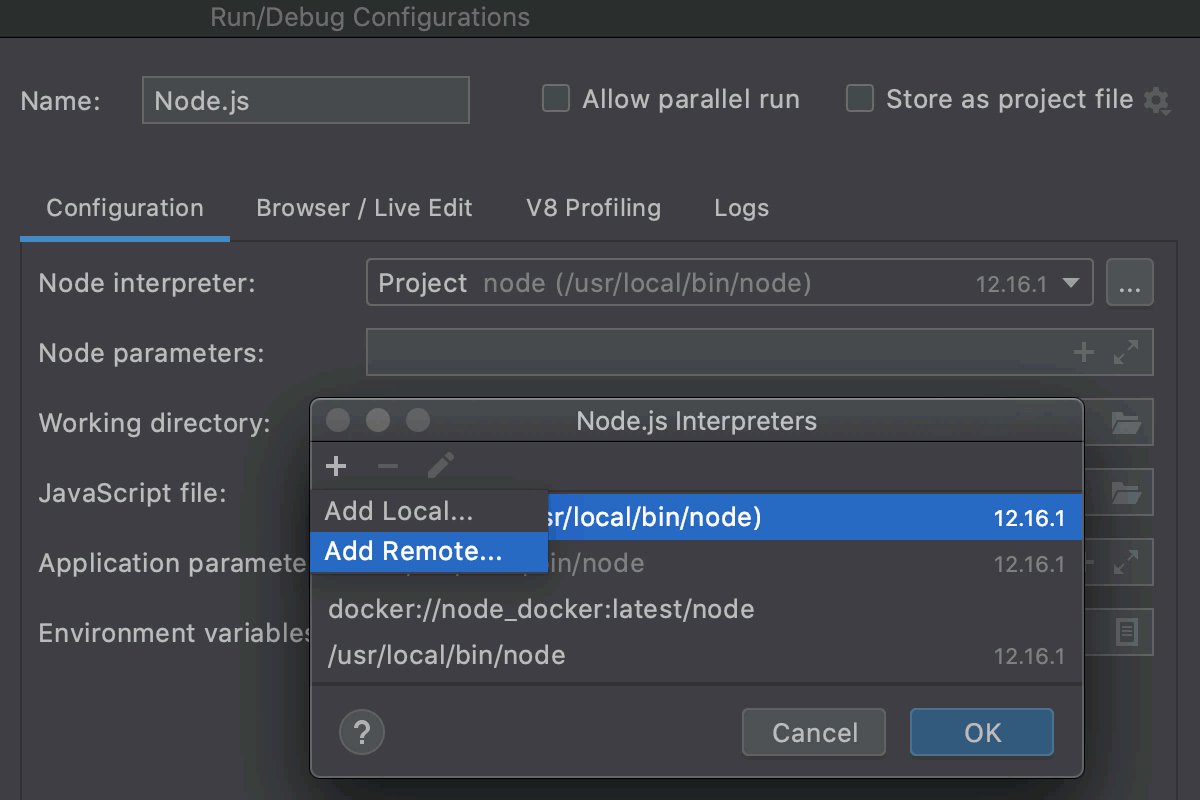 Node.js Runtimes Dialog | IntelliJ IDEA Documentation