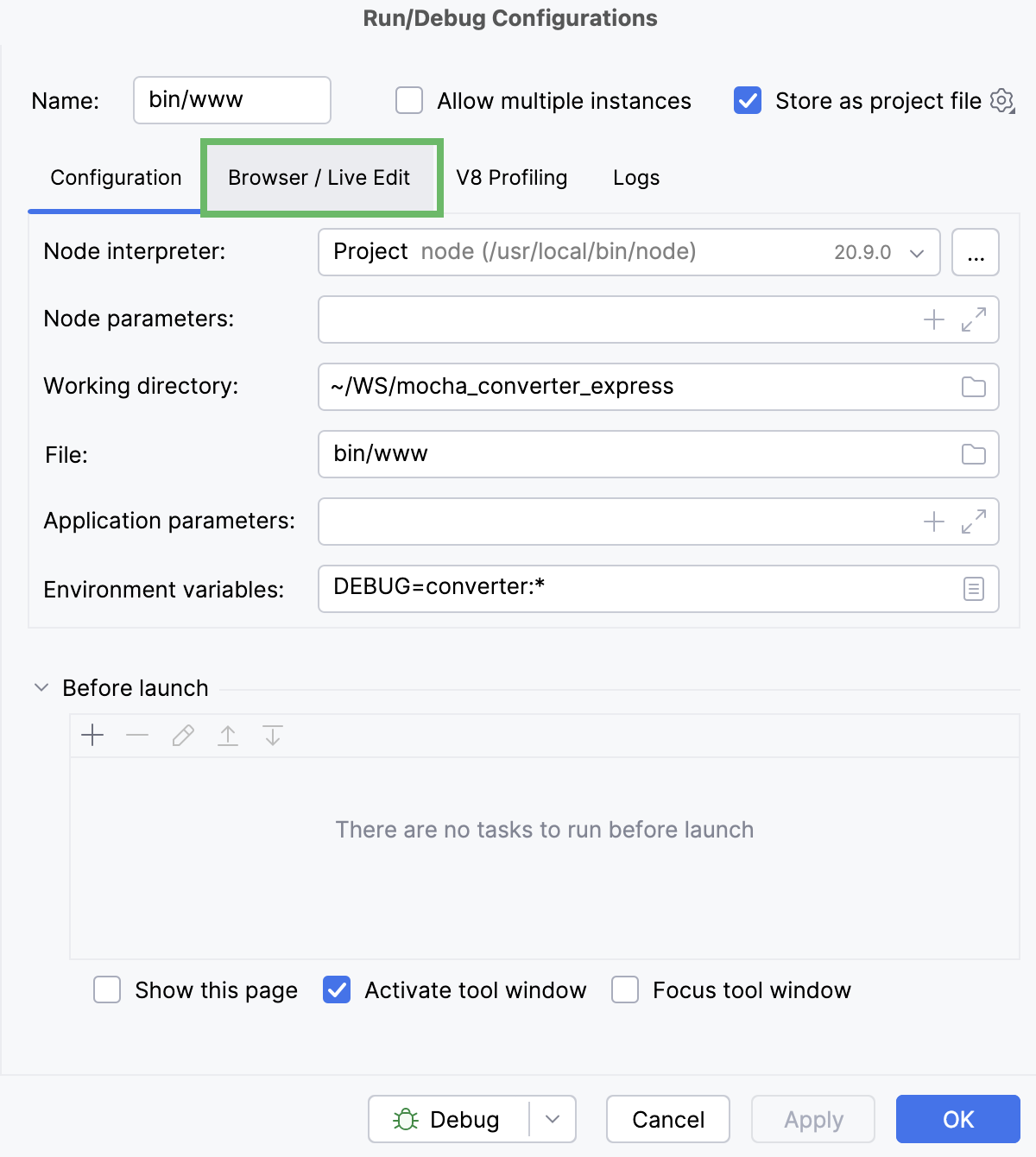Run/Debug configurations: Node.js dialog, switch to the Browser/Live Edit tab Run/Debug configurations: Node.js dialog, switch to the Browser/Live Edit tab