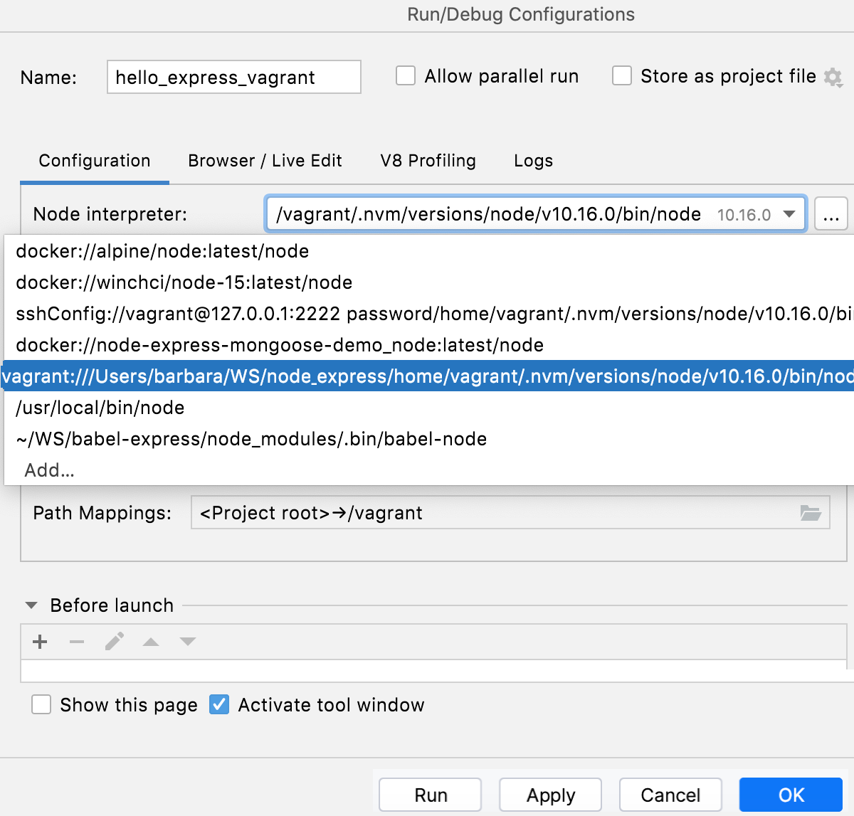 使用 Vagrant 的 Node.js:运行/调试配置,选择解释器 使用 Vagrant 的 Node.js:运行/调试配置,选择解释器