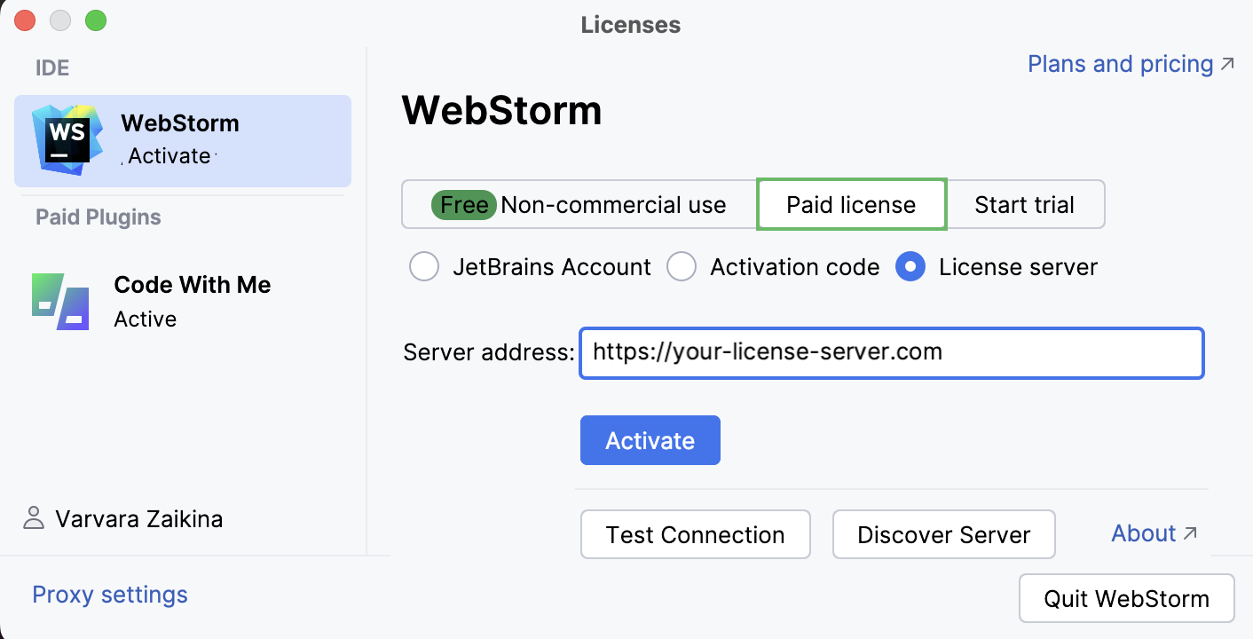 Activate WebStorm license with a license server Activate WebStorm license with a license server