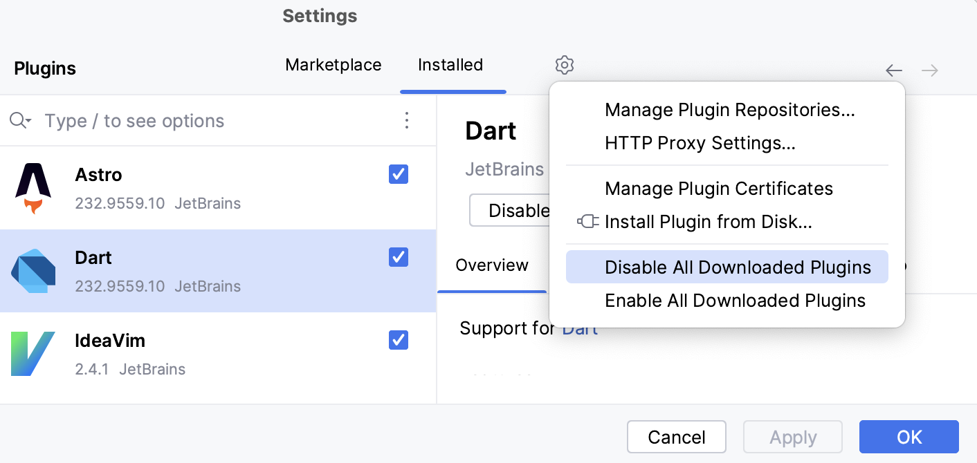 Disable all downloaded plugins Disable all downloaded plugins