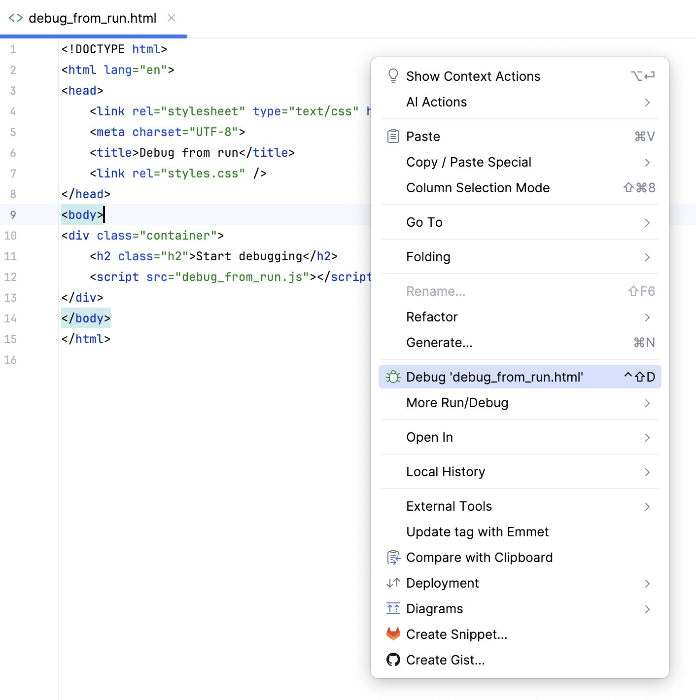 Start debugging session from the editor Start debugging session from the editor