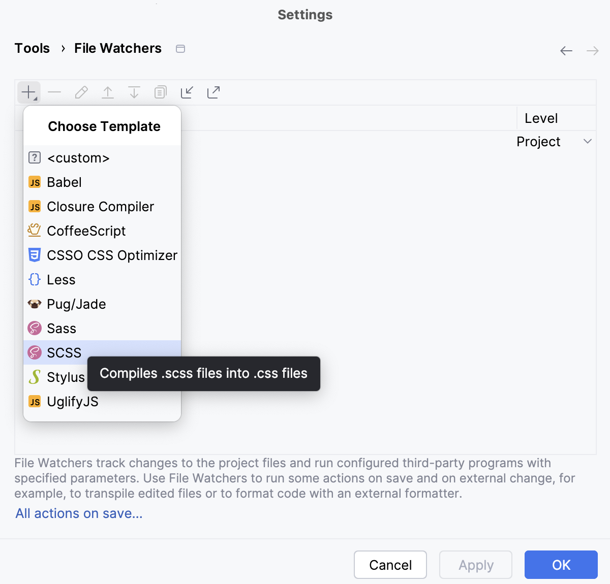 Compiling SCSS into CSS: creating a File Watcher