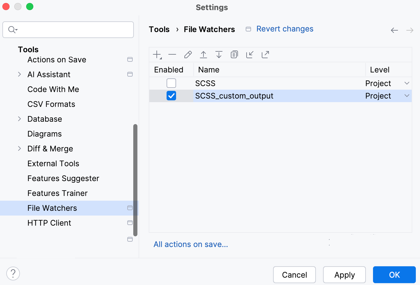 New File Watcher with custom output path saved and enabled
