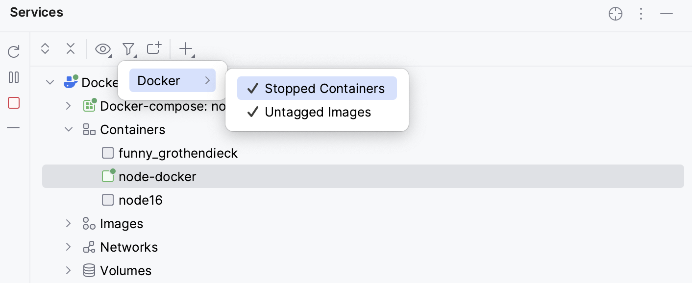 Services tool window - Docker - filter Services tool window - Docker - filter