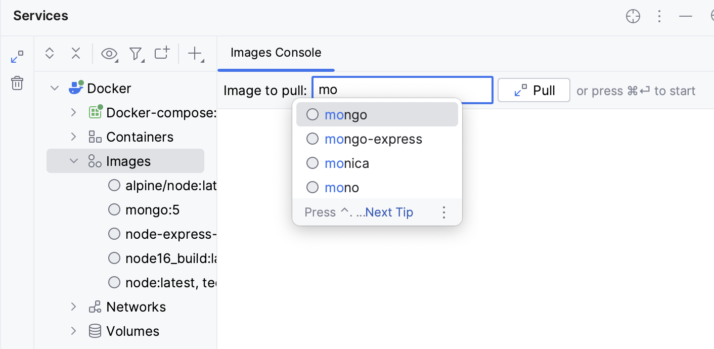 Services tool window - Docker - Images Services tool window - Docker - Images