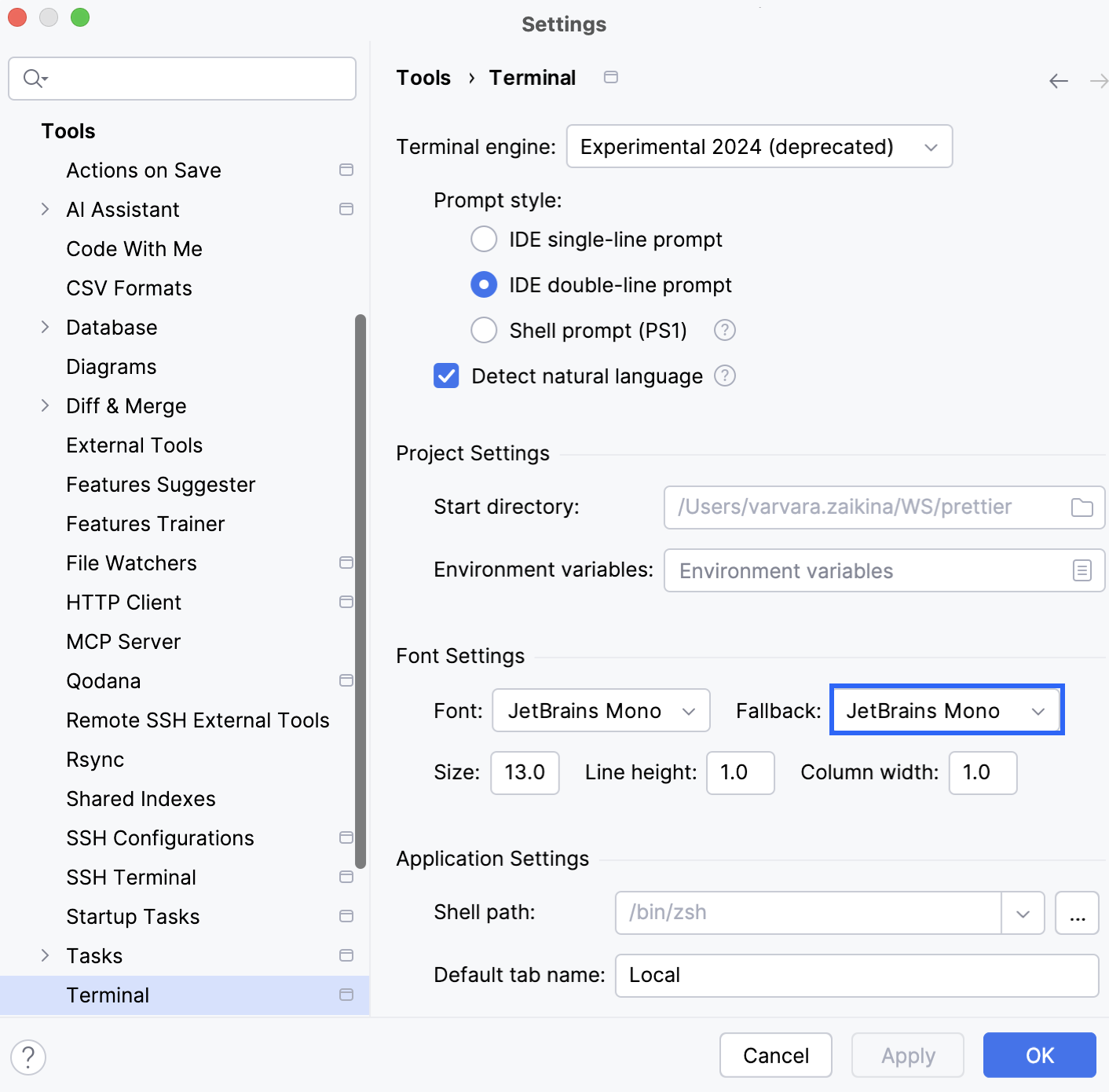 Settings | Tools | Terminal Settings | Tools | Terminal