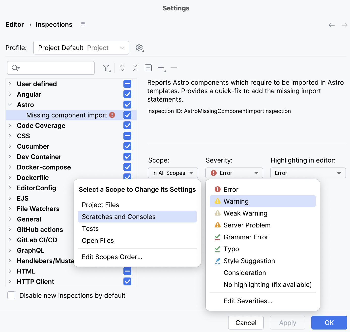 Changing inspection severity by scope Changing inspection severity by scope