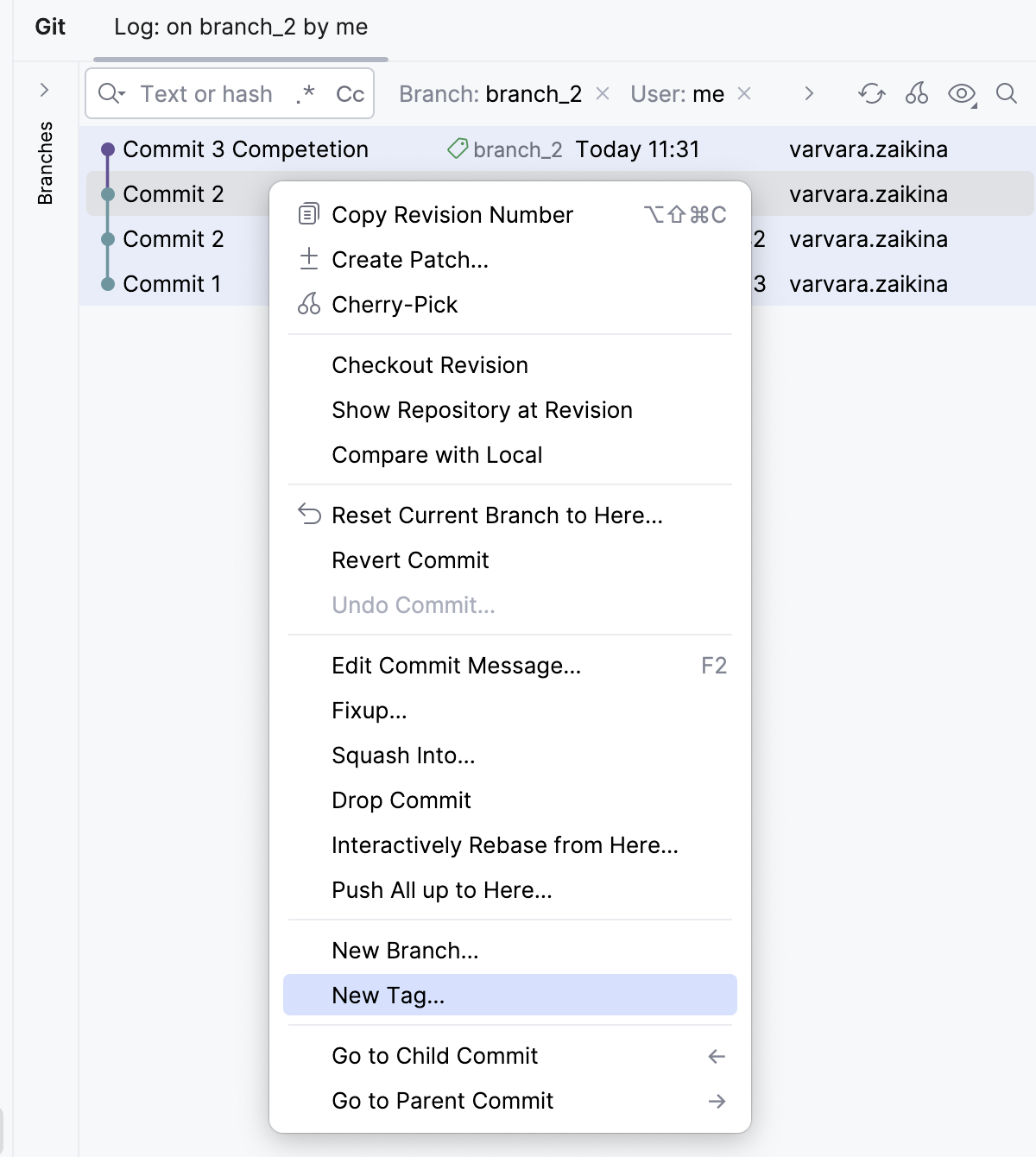 Tag a commit - context menu Tag a commit - context menu