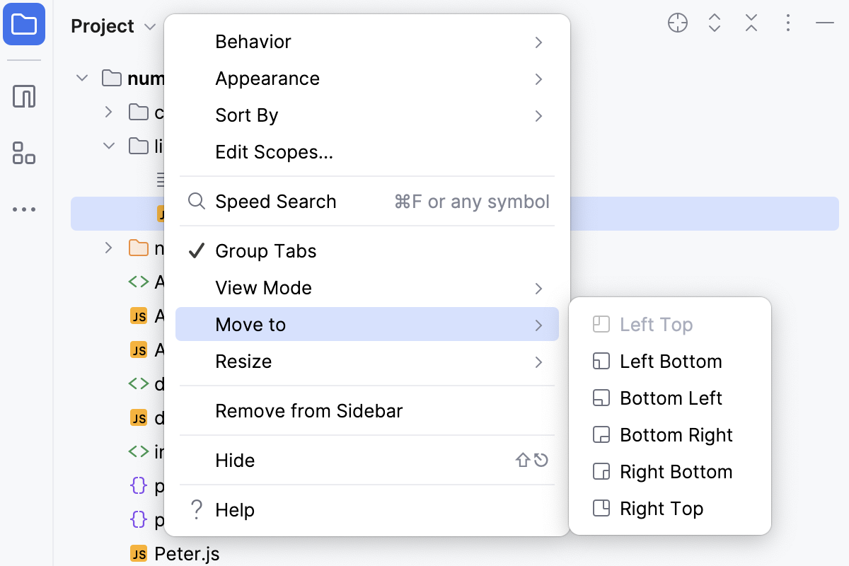 Tool window options menu: Move to Tool window options menu: Move to