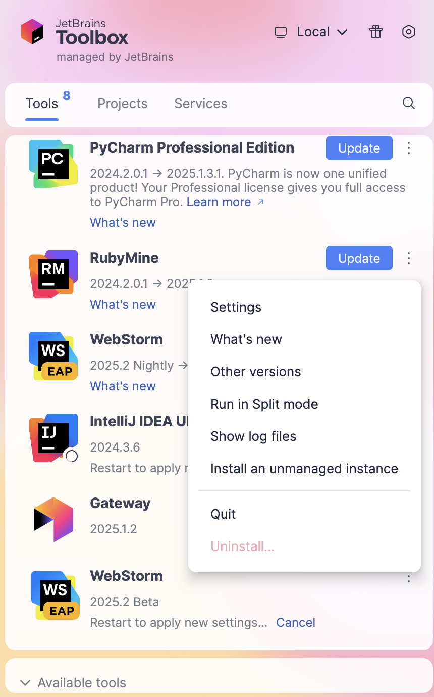Uninstalling WebStorm through the Toolbox App Uninstalling WebStorm through the Toolbox App