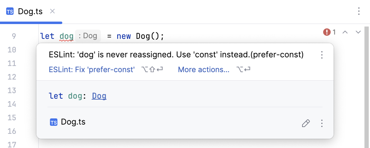 ESLint: errors and warnings are highlighted, the description of a problem is shown in a tooltip. ESLint: errors and warnings are highlighted, the description of a problem is shown in a tooltip.