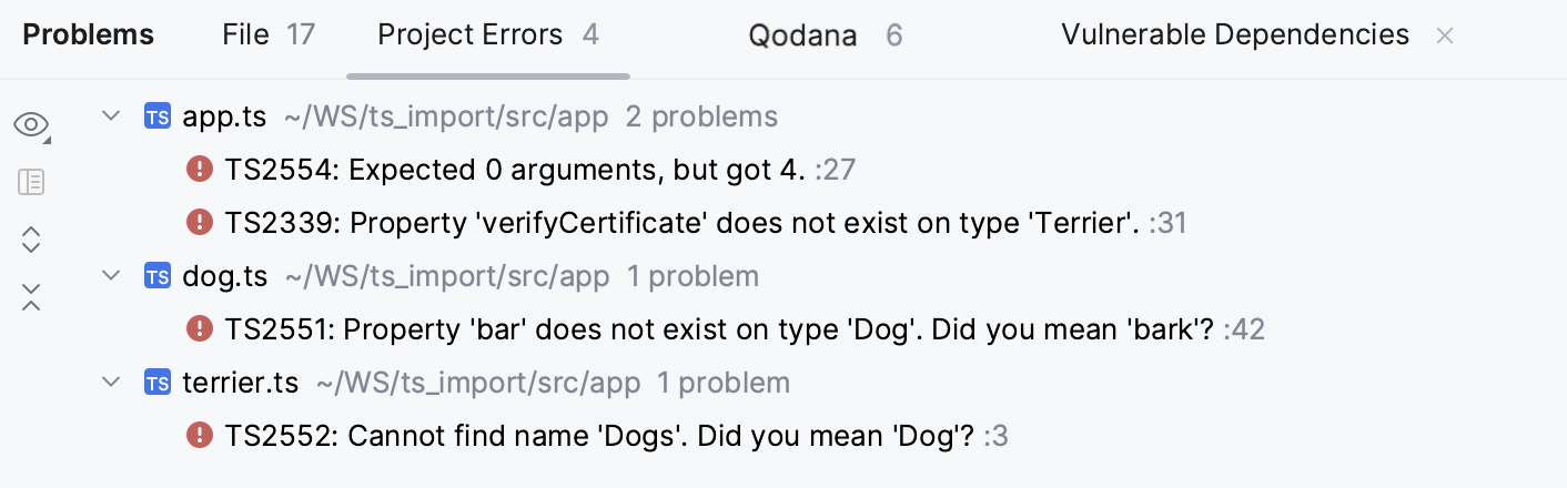 Problems tool window, TypeScript. Project Errors tab shows syntax errors across the project Problems tool window, TypeScript. Project Errors tab shows syntax errors across the project