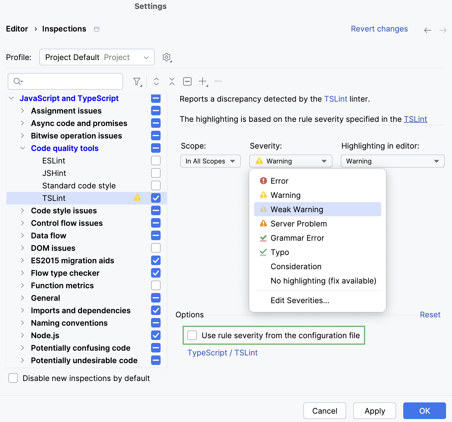 Specifying a custom severity level for TSLint Specifying a custom severity level for TSLint