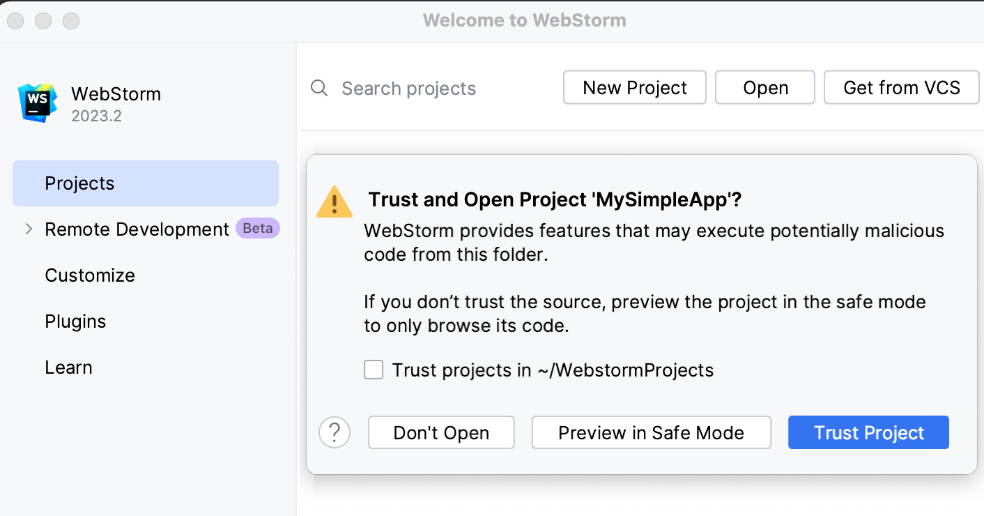 Untrusted project warning Untrusted project warning