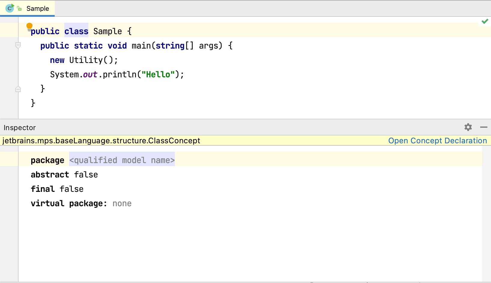 Inspector tool window showing package, abstract, final, and virtual package properties for a ClassConcept node Inspector tool window showing package, abstract, final, and virtual package properties for a ClassConcept node