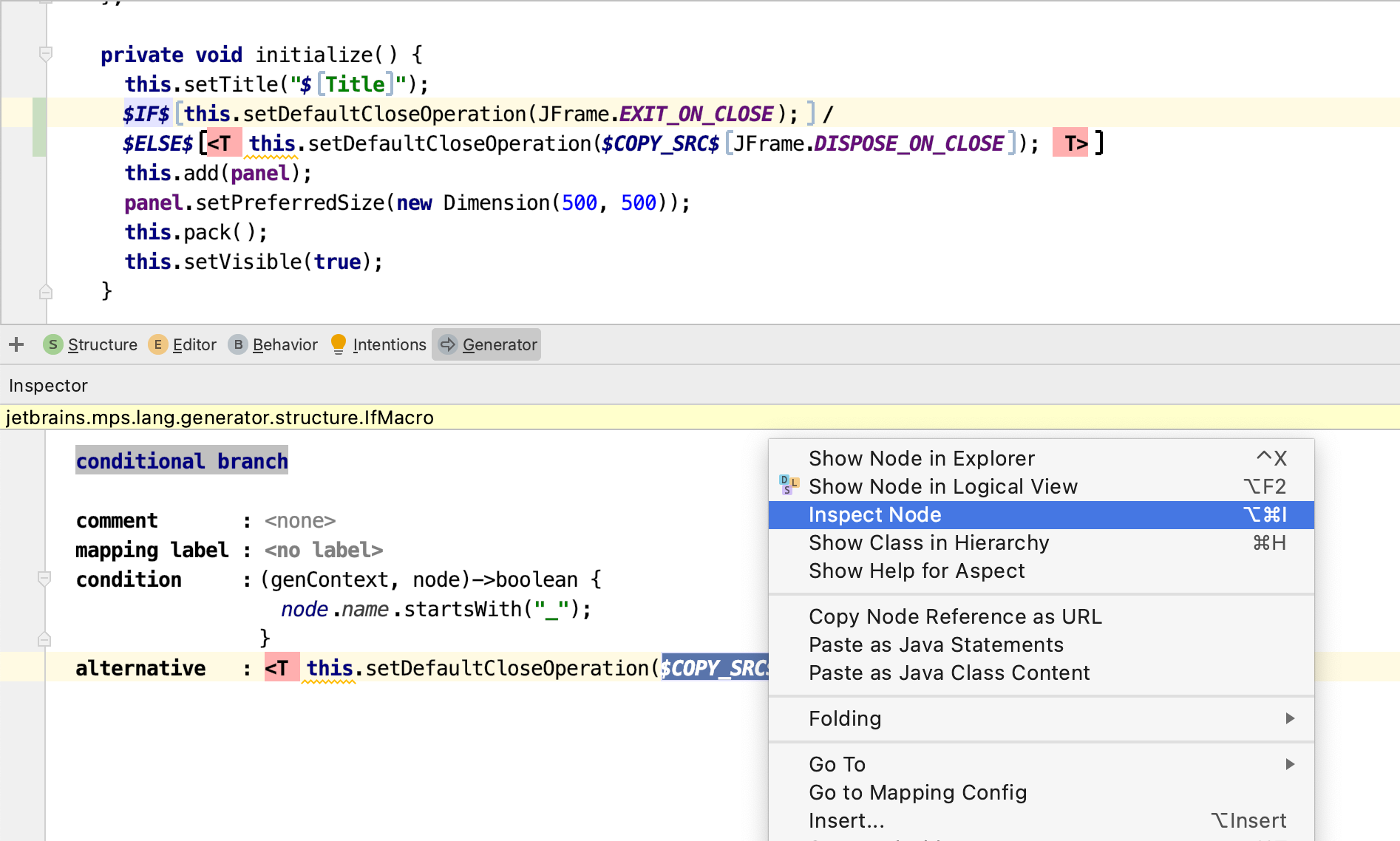 Context menu on a generator macro node in the Inspector, with the Inspect Node action highlighted and its keyboard shortcut shown Context menu on a generator macro node in the Inspector, with the Inspect Node action highlighted and its keyboard shortcut shown