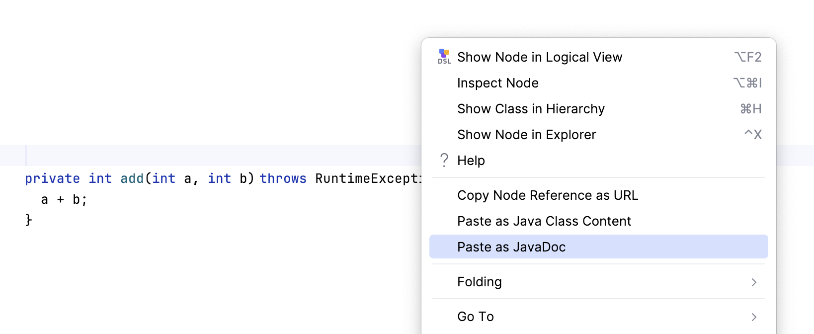 A popup menu with the BaseLanguage's paste actions A popup menu with the BaseLanguage's paste actions
