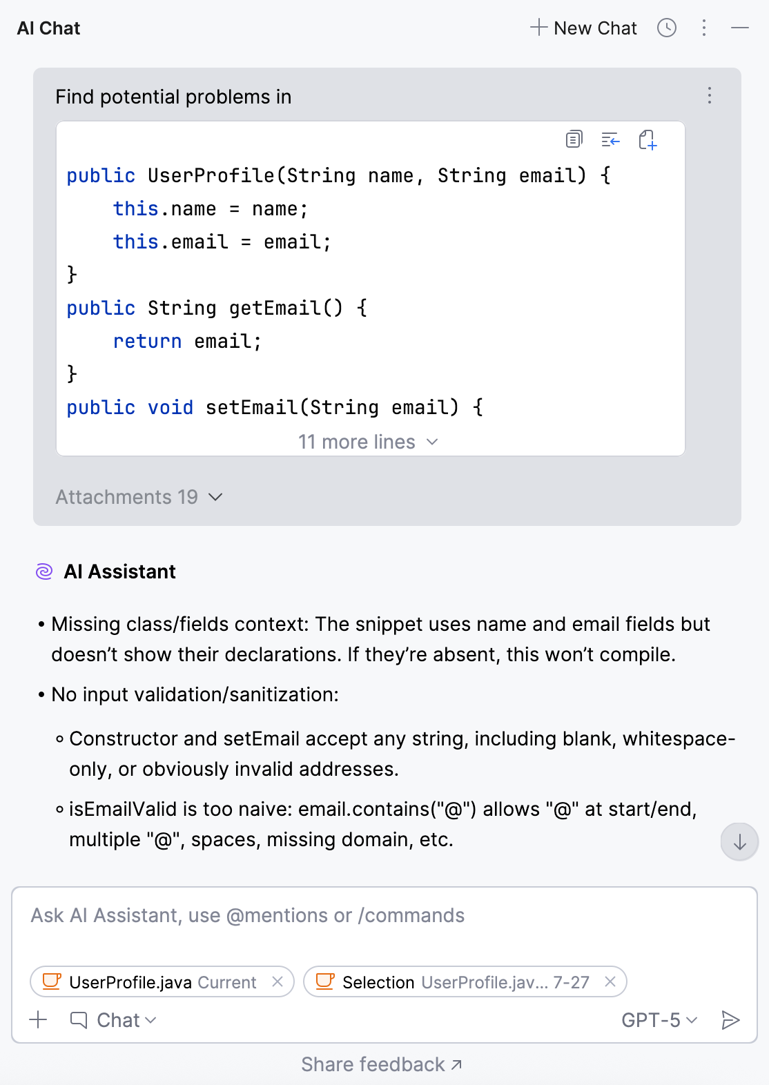 AI&nbsp;Assistant finds potential problems in the selected code